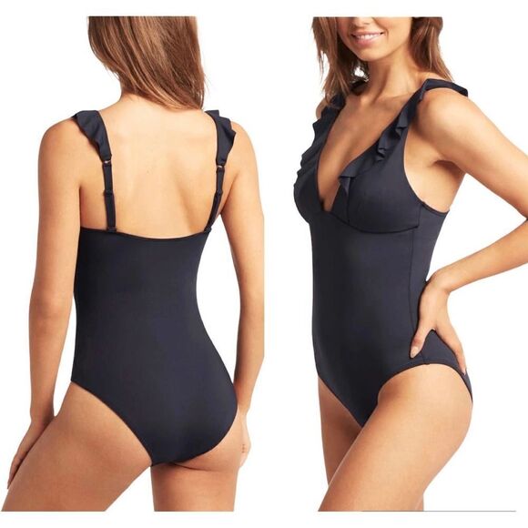 Sea Level Australia Eco Essentials Frill One Piece Black Size 4 NWOT - Picture 1 of 11